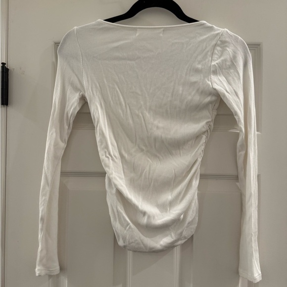 Elodie White Long Sleeve Square Neck Ruched Ribbed Knit Stretch Top Blouse Small - Picture 3 of 5